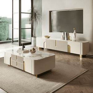 Athena Luxury TV Stand with Sintered Stone Top, Cream & Gold Modern Entertainment Unit – 200cm - Sleek Furniture