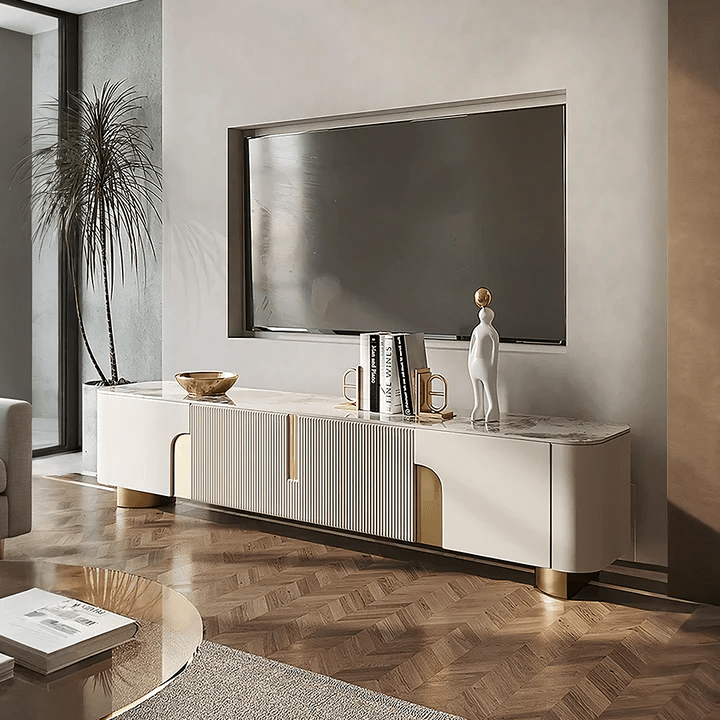 Athena Luxury TV Stand with Sintered Stone Top, Cream & Gold Modern Entertainment Unit – 200cm - Sleek Furniture