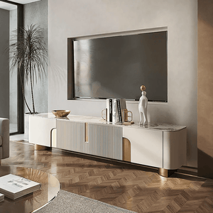 Athena Luxury TV Stand with Sintered Stone Top, Cream & Gold Modern Entertainment Unit – 200cm - Sleek Furniture
