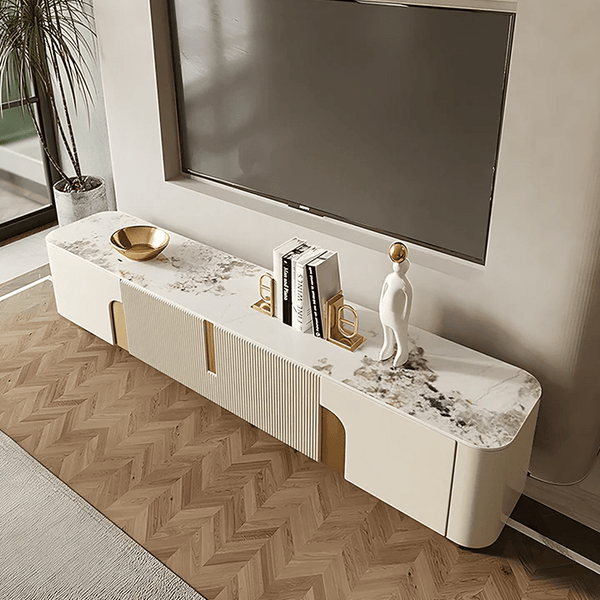 Athena Luxury TV Stand with Sintered Stone Top, Cream & Gold Modern Entertainment Unit – 200cm - Sleek Furniture