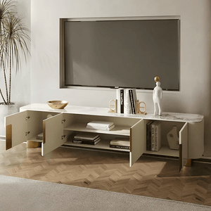 Athena Luxury TV Stand with Sintered Stone Top, Cream & Gold Modern Entertainment Unit – 200cm - Sleek Furniture