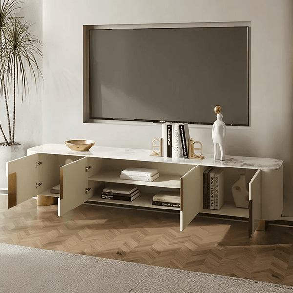 Athena Luxury TV Stand with Sintered Stone Top, Cream & Gold Modern Entertainment Unit – 200cm - Sleek Furniture