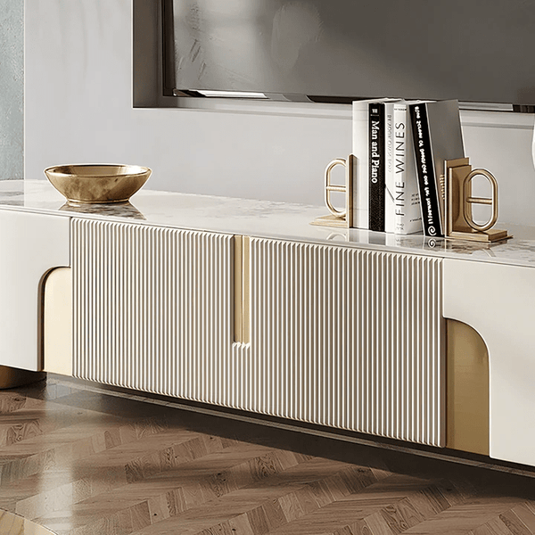 Athena Luxury TV Stand with Sintered Stone Top, Cream & Gold Modern Entertainment Unit – 200cm - Sleek Furniture