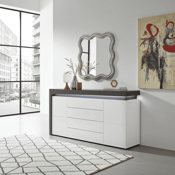Athens Grey & White High Gloss Sideboard with LED Lights – 2 Doors, 4 Drawers, Modern Storage Cabinet, H81.9 x W158.7 x D42.8cm - My Store