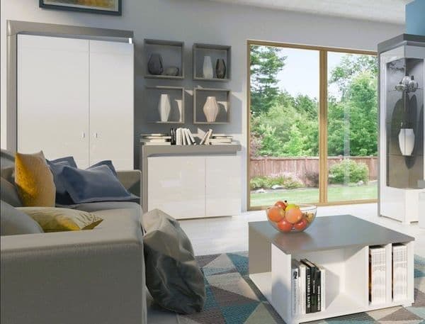 Athens Grey & White High Gloss 2-Door Wardrobe with LED Lighting – 2 Hanging Rails & 4 Shelves, Modern Bedroom Storage, H197 x W102 x D56 cm - My Store