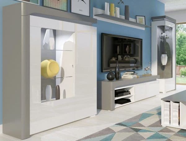 Athens Grey & White Gloss Low Display Cabinet with LED Lighting, 2 Glass Shelves & Doors – Modern Storage Unit, 148.5cm H x 102cm W x 42.8cm D - My Store