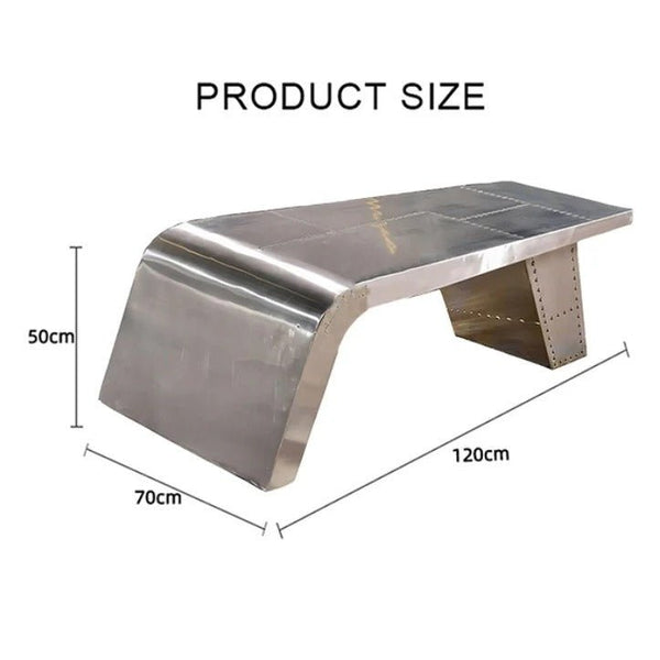 Aviator Aluminium Coffee Table in Silver Finish – Modern Industrial Living Room Centre Table with Riveted Aviation Design - Sleek Furniture