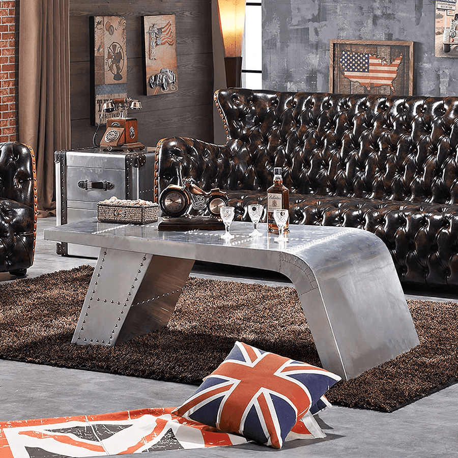 Aviator Aluminium Coffee Table in Silver Finish – Modern Industrial Living Room Centre Table with Riveted Aviation Design - Sleek Furniture