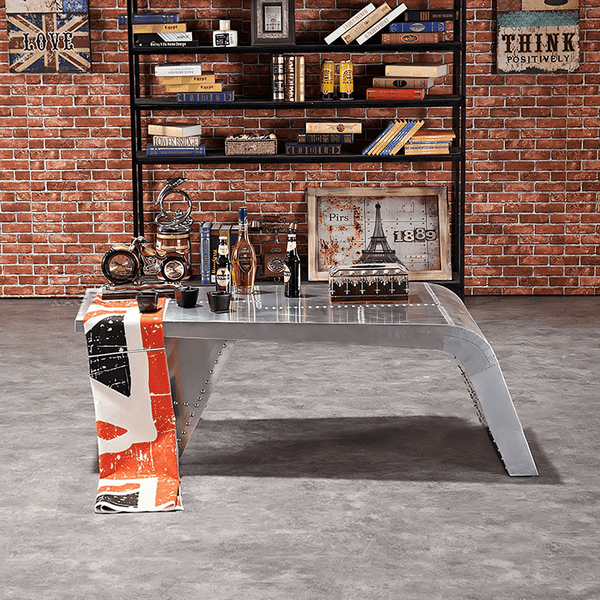 Aviator Aluminium Coffee Table in Silver Finish – Modern Industrial Living Room Centre Table with Riveted Aviation Design - Sleek Furniture