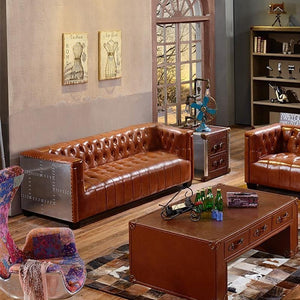 Aviator Three Seater Sofa – Real Leather Upholstered Modern Sofa with Aluminium Frame, Contemporary Living Room Couch in Light Brown & Dark Brown - Sleek Furniture