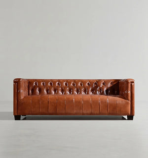 Aviator Three Seater Sofa – Real Leather Upholstered Modern Sofa with Aluminium Frame, Contemporary Living Room Couch in Light Brown & Dark Brown - Sleek Furniture