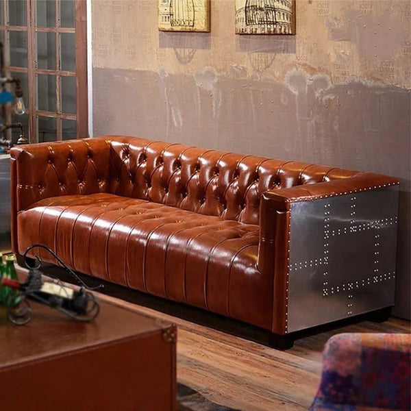 Aviator Three Seater Sofa – Real Leather Upholstered Modern Sofa with Aluminium Frame, Contemporary Living Room Couch in Light Brown & Dark Brown - Sleek Furniture