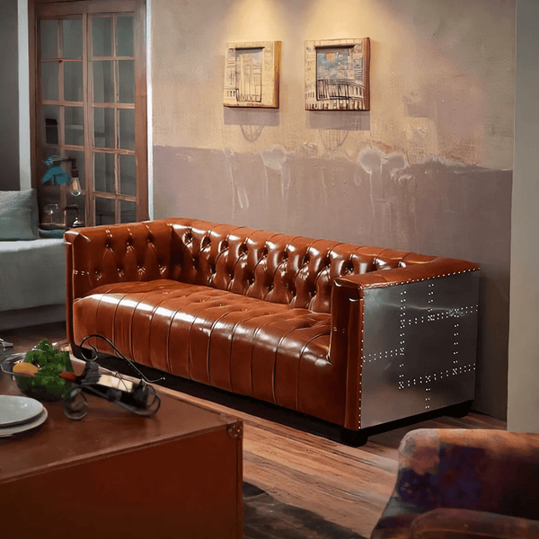 Aviator Three Seater Sofa – Real Leather Upholstered Modern Sofa with Aluminium Frame, Contemporary Living Room Couch in Light Brown & Dark Brown - Sleek Furniture