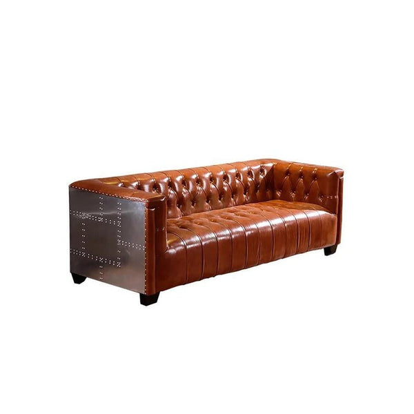 Aviator Three Seater Sofa – Real Leather Upholstered Modern Sofa with Aluminium Frame, Contemporary Living Room Couch in Light Brown & Dark Brown - Sleek Furniture
