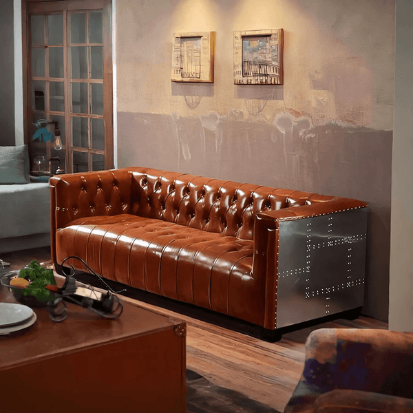 Aviator Three Seater Sofa – Real Leather Upholstered Modern Sofa with Aluminium Frame, Contemporary Living Room Couch in Light Brown & Dark Brown - Sleek Furniture