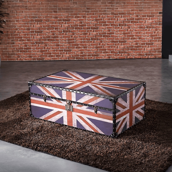 Aviator Union Jack Suitcase Coffee Table – Industrial Vintage Trunk Storage Chest Table with MDF & PU Leather Finish – Contemporary Living Room Center Table with Hidden Storage - Sleek Furniture