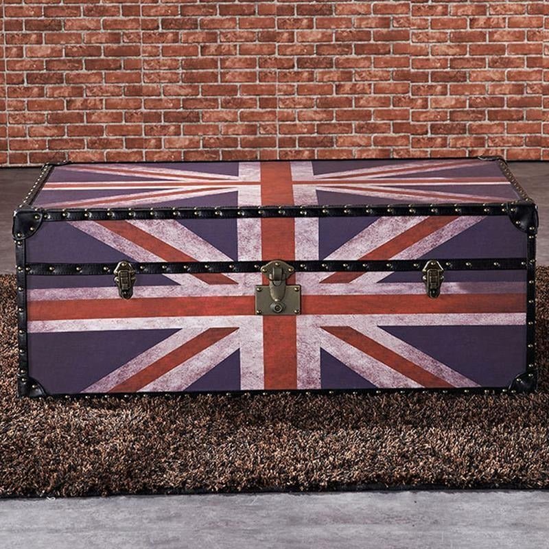 Aviator Union Jack Suitcase Coffee Table – Industrial Vintage Trunk Storage Chest Table with MDF & PU Leather Finish – Contemporary Living Room Center Table with Hidden Storage - Sleek Furniture