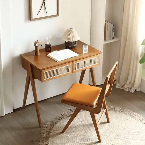 Babara Solid Wood & Rattan Office Desk | Contemporary Modern Study Table with Spacious Worktop | Home & Office Writing Desk - Sleek Furniture