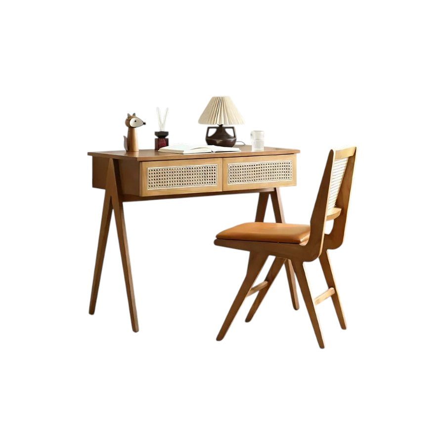 Babara Solid Wood & Rattan Office Desk | Contemporary Modern Study Table with Spacious Worktop | Home & Office Writing Desk - Sleek Furniture