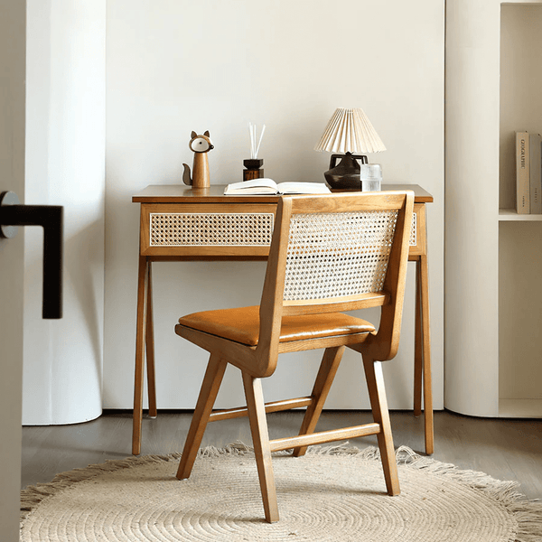 Babara Solid Wood & Rattan Office Desk | Contemporary Modern Study Table with Spacious Worktop | Home & Office Writing Desk - Sleek Furniture