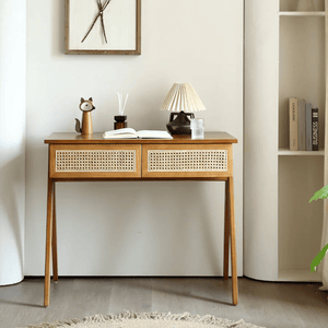 Babara Solid Wood & Rattan Office Desk | Contemporary Modern Study Table with Spacious Worktop | Home & Office Writing Desk - Sleek Furniture