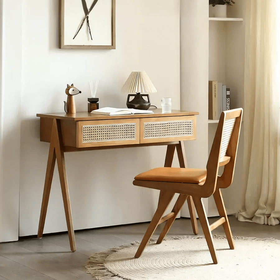 Babara Solid Wood & Rattan Office Desk | Contemporary Modern Study Table with Spacious Worktop | Home & Office Writing Desk - Sleek Furniture