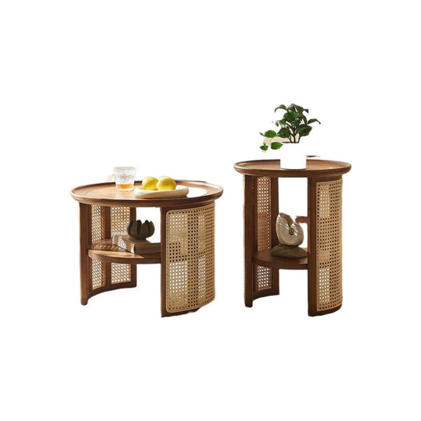 Bakula Wooden Coffee Table with Rattan Detail – Contemporary Walnut Finish Solid Wood Living Room Center Table, No Assembly Required - Sleek Furniture