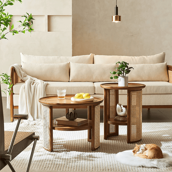 Bakula Wooden Coffee Table with Rattan Detail – Contemporary Walnut Finish Solid Wood Living Room Center Table, No Assembly Required - Sleek Furniture