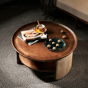 Bakula Wooden Coffee Table with Rattan Detail – Contemporary Walnut Finish Solid Wood Living Room Center Table, No Assembly Required - Sleek Furniture
