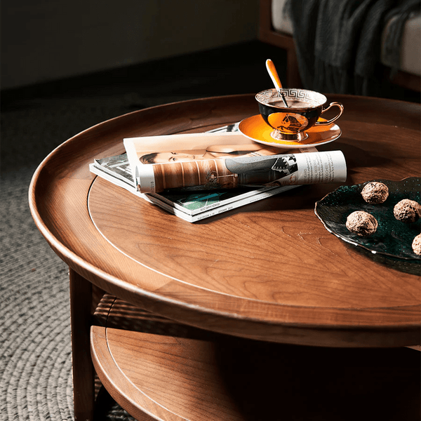 Bakula Wooden Coffee Table with Rattan Detail – Contemporary Walnut Finish Solid Wood Living Room Center Table, No Assembly Required - Sleek Furniture