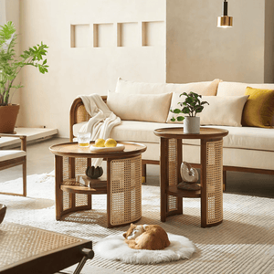 Bakula Wooden Coffee Table with Rattan Detail – Contemporary Walnut Finish Solid Wood Living Room Center Table, No Assembly Required - Sleek Furniture