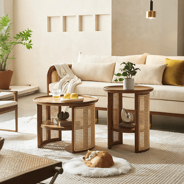 Bakula Wooden Coffee Table with Rattan Detail – Contemporary Walnut Finish Solid Wood Living Room Center Table, No Assembly Required - Sleek Furniture