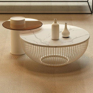 Balfour Nesting Coffee Table Set with Sintered Stone Top, Glass Shelf & Metal Frame, Modern White Round Living Room Tables - Sleek Furniture