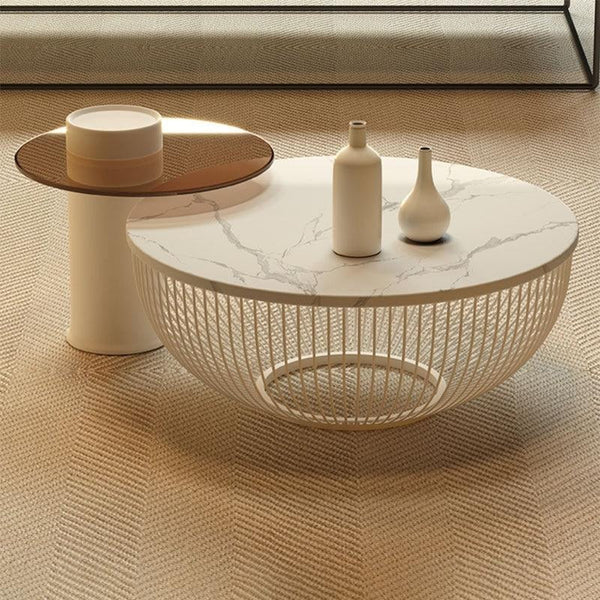 Balfour Nesting Coffee Table Set with Sintered Stone Top, Glass Shelf & Metal Frame, Modern White Round Living Room Tables - Sleek Furniture