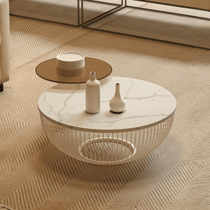 Balfour Nesting Coffee Table Set with Sintered Stone Top, Glass Shelf & Metal Frame, Modern White Round Living Room Tables - Sleek Furniture