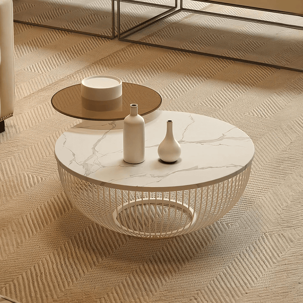 Balfour Nesting Coffee Table Set with Sintered Stone Top, Glass Shelf & Metal Frame, Modern White Round Living Room Tables - Sleek Furniture