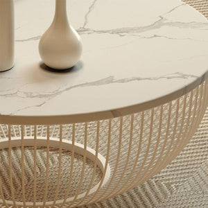 Balfour Nesting Coffee Table Set with Sintered Stone Top, Glass Shelf & Metal Frame, Modern White Round Living Room Tables - Sleek Furniture