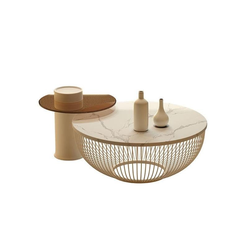 Balfour Nesting Coffee Table Set with Sintered Stone Top, Glass Shelf & Metal Frame, Modern White Round Living Room Tables - Sleek Furniture
