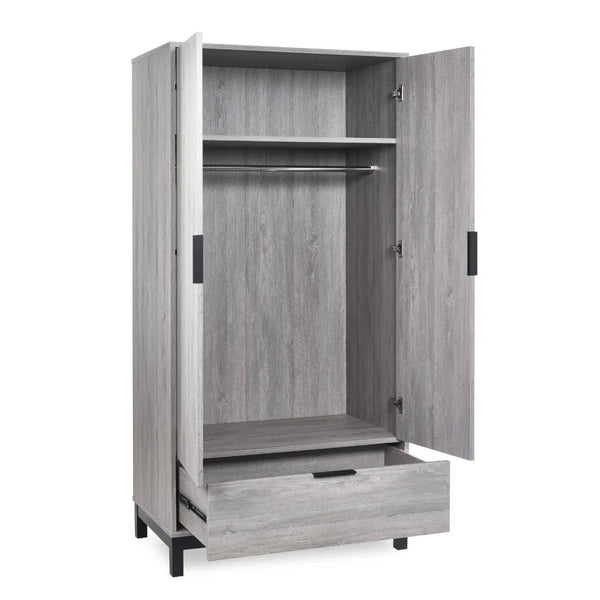 Bali 2 Door Wardrobe with 1 Drawer and Shelf – Grey Oak Finish Bedroom Storage Unit with Industrial Style - Sleek Furniture
