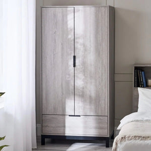 Bali 2 Door Wardrobe with 1 Drawer and Shelf – Grey Oak Finish Bedroom Storage Unit with Industrial Style - Sleek Furniture