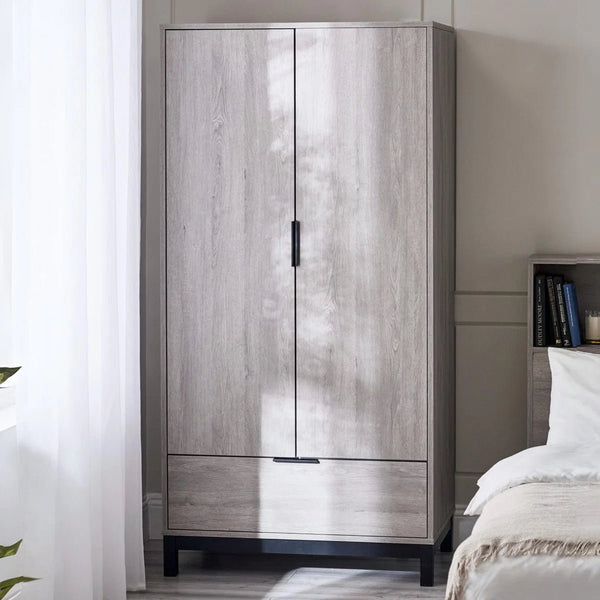 Bali 2 Door Wardrobe with 1 Drawer and Shelf – Grey Oak Finish Bedroom Storage Unit with Industrial Style - Sleek Furniture