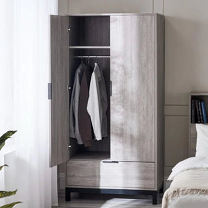 Bali 2 Door Wardrobe with 1 Drawer and Shelf – Grey Oak Finish Bedroom Storage Unit with Industrial Style - Sleek Furniture
