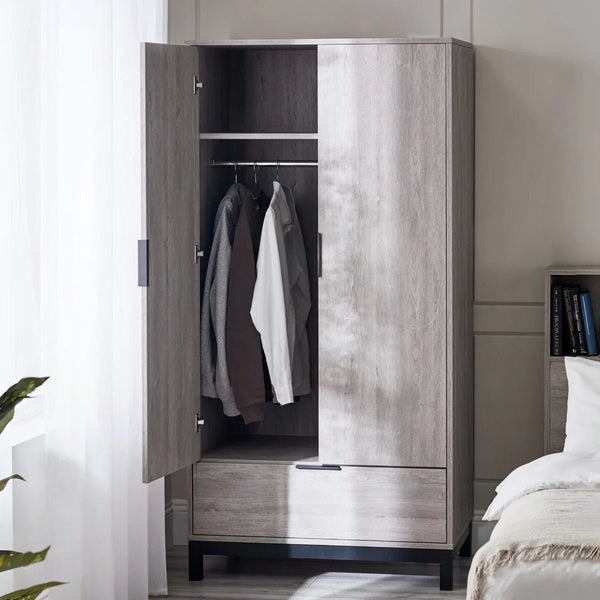 Bali 2 Door Wardrobe with 1 Drawer and Shelf – Grey Oak Finish Bedroom Storage Unit with Industrial Style - Sleek Furniture