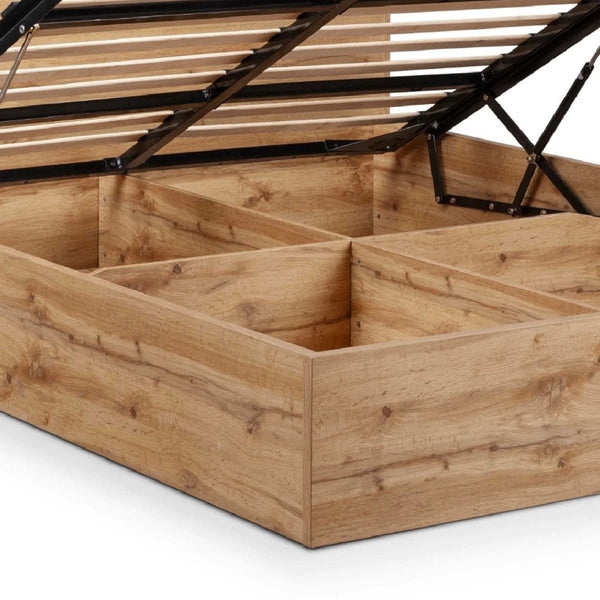 Bali Oak Ottoman Storage Bed Frame with Gas Lift Up System & Integrated Bookcase Headboard - Sleek Furniture