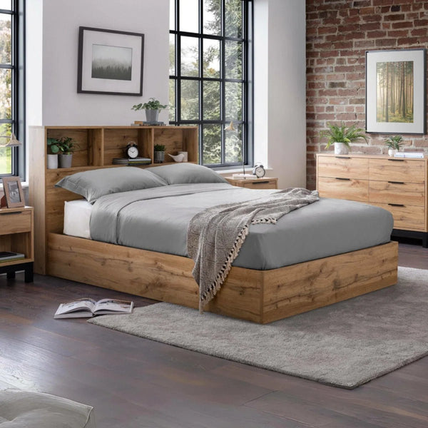 Bali Oak Ottoman Storage Bed Frame with Gas Lift Up System & Integrated Bookcase Headboard - Sleek Furniture