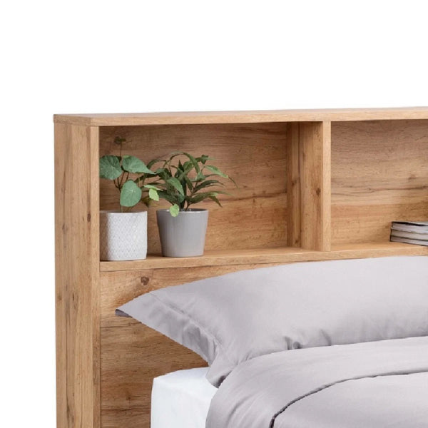 Bali Oak Ottoman Storage Bed Frame with Gas Lift Up System & Integrated Bookcase Headboard - Sleek Furniture