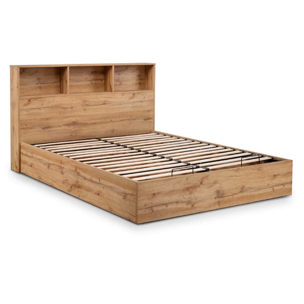 Bali Oak Ottoman Storage Bed Frame with Gas Lift Up System & Integrated Bookcase Headboard - Sleek Furniture