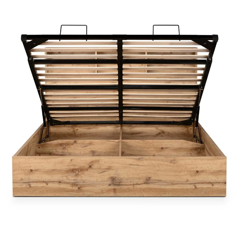 Bali Oak Ottoman Storage Bed Frame with Gas Lift Up System & Integrated Bookcase Headboard - Sleek Furniture