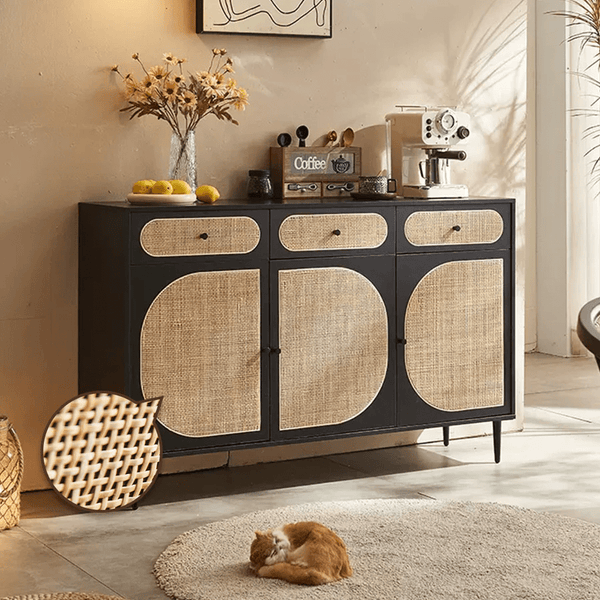 Ballard Rattan Sideboard Storage Cabinet, Modern Wooden Buffet Unit with Rattan Front Doors – Available in Black or Oak Finish - Sleek Furniture