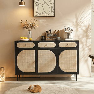 Ballard Rattan Sideboard Storage Cabinet, Modern Wooden Buffet Unit with Rattan Front Doors – Available in Black or Oak Finish - Sleek Furniture